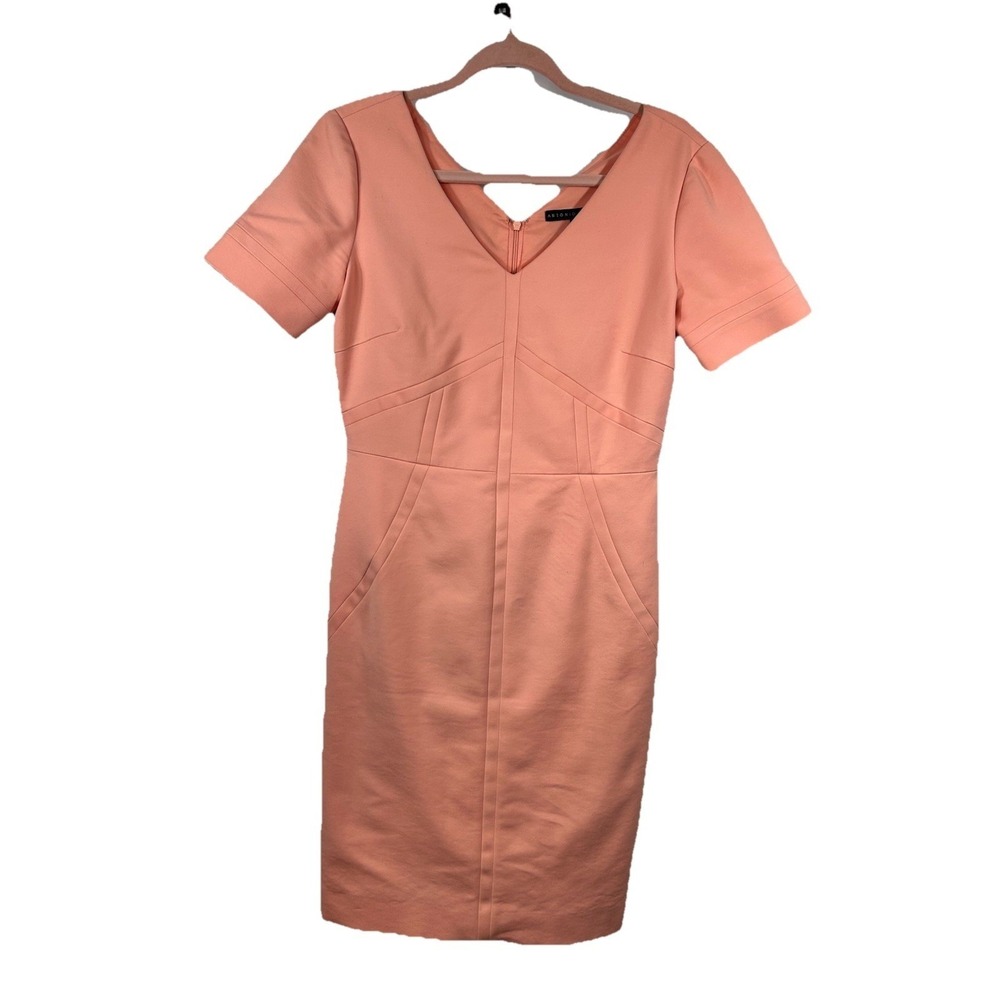 Antonio Melani Peach V-Neck Sheath Dress Size 4 Architectural Seam Career Mod